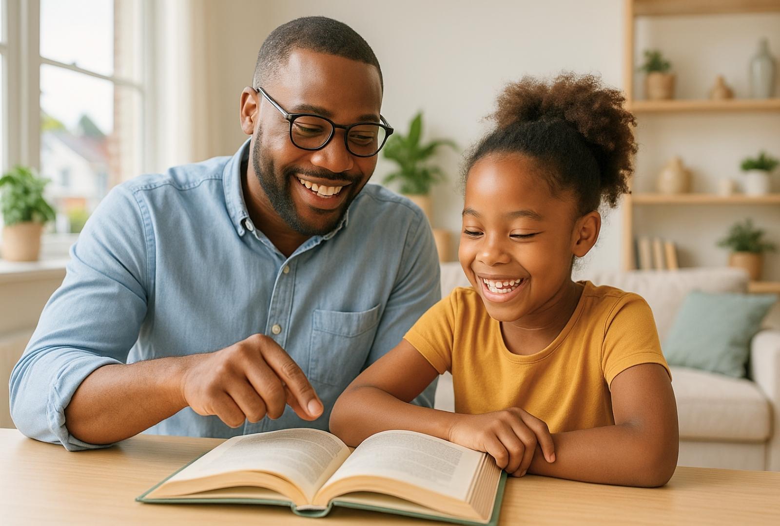 A dyslexia tutor, a smiling Black man, helps a young Black girl with reading in their bright Long Island home.
