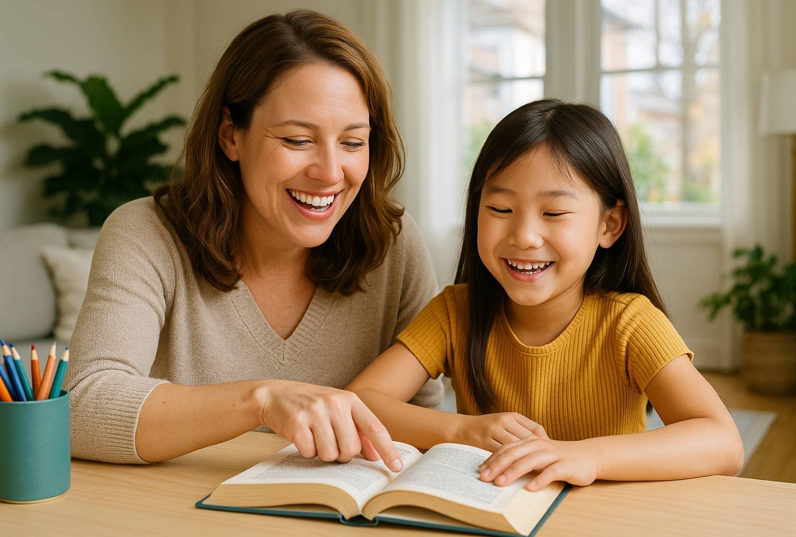A dyslexia tutor, a smiling woman in her 30s, helps a young Asian girl read in their sunlit Long Island home.
