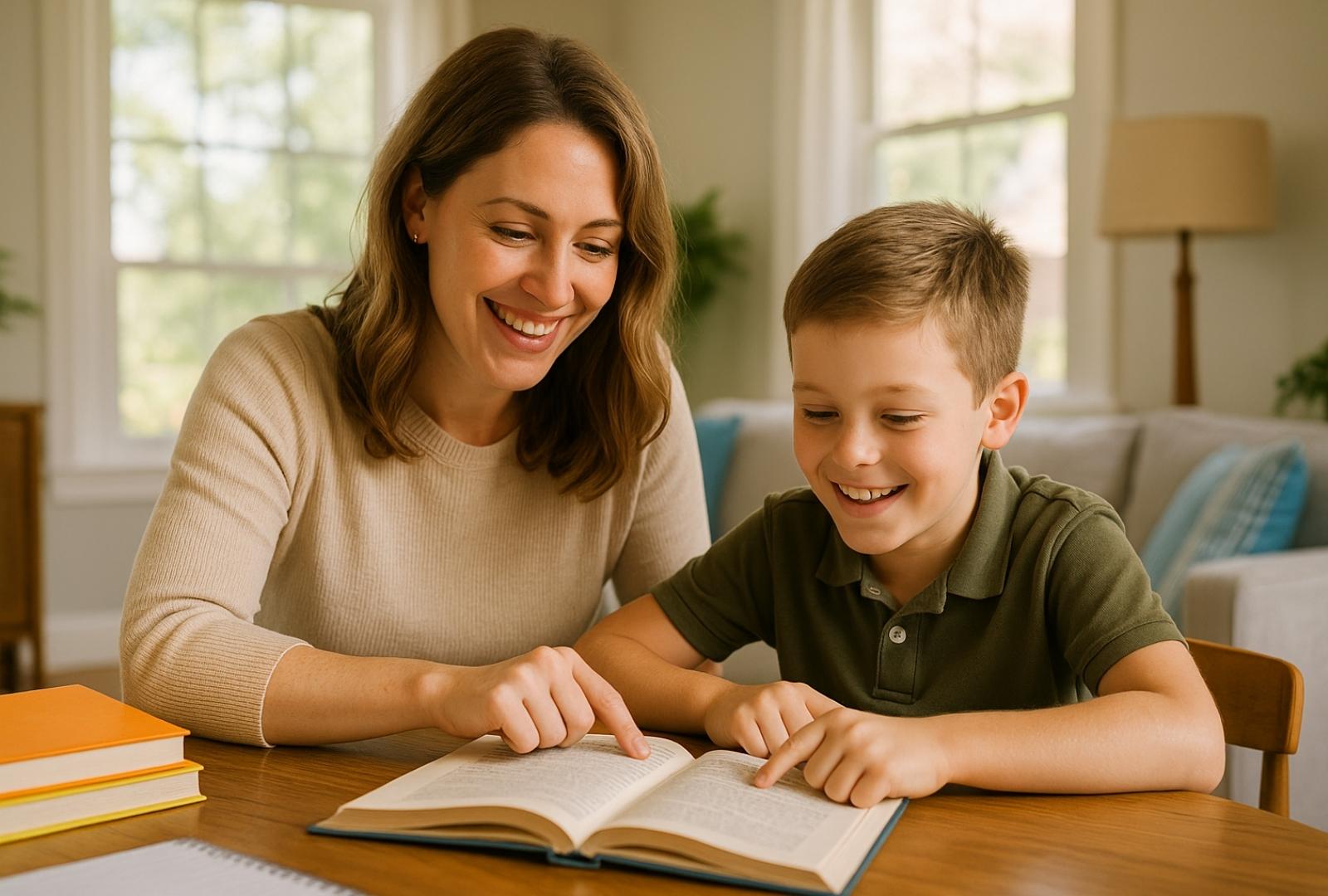 A dyslexia tutor helps a young boy read in a bright, cheerful home in Long Island, both smiling as they engage with a book.